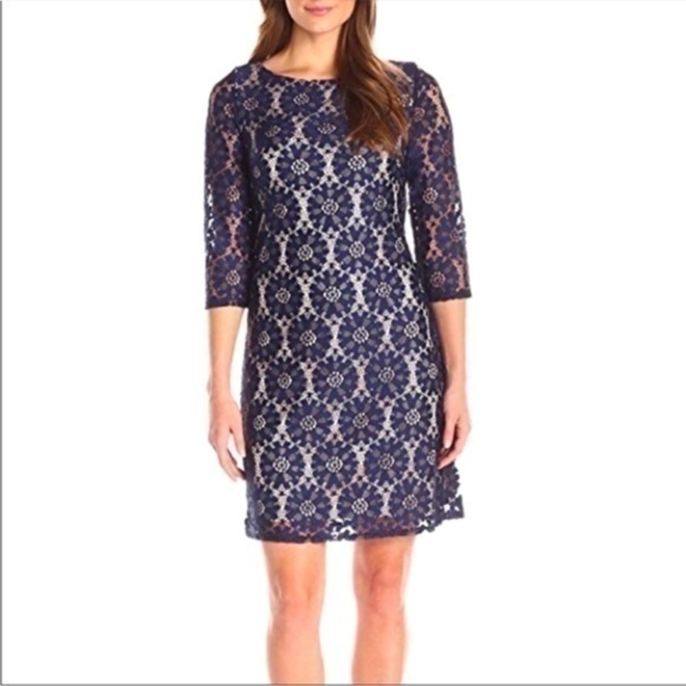 Jessica Howard Navy Lace Nude Backing Shift Dress
